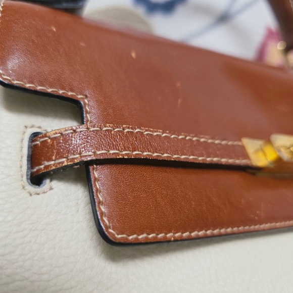 Bally Two Tone Leather Top Handle Kelly Satchel Bag Cream Brown Turnlock Vintage - Picture 15 of 16